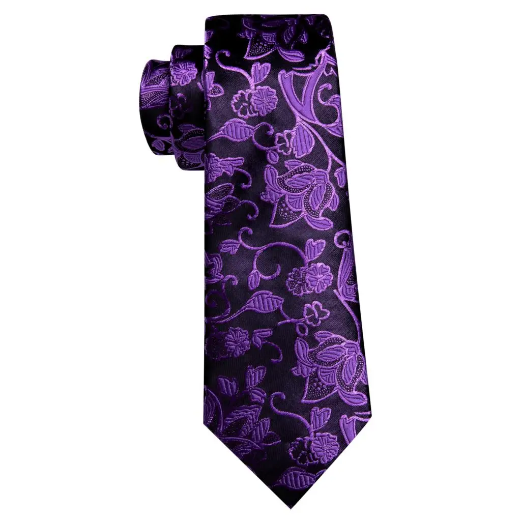 Purple Black Floral Silk Tie For MenWith Pocket Square Cufflink Set New Suit Necktie For Male Formal Designer Party Barry.Wang