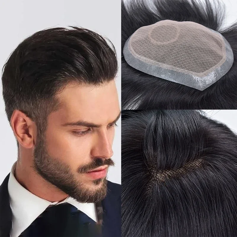 100% Human Hair Men Capillary Prosthesis Lace Top Natural Hairpiece Toupee Hair Replacement System Unit Soft Invisible Toupees