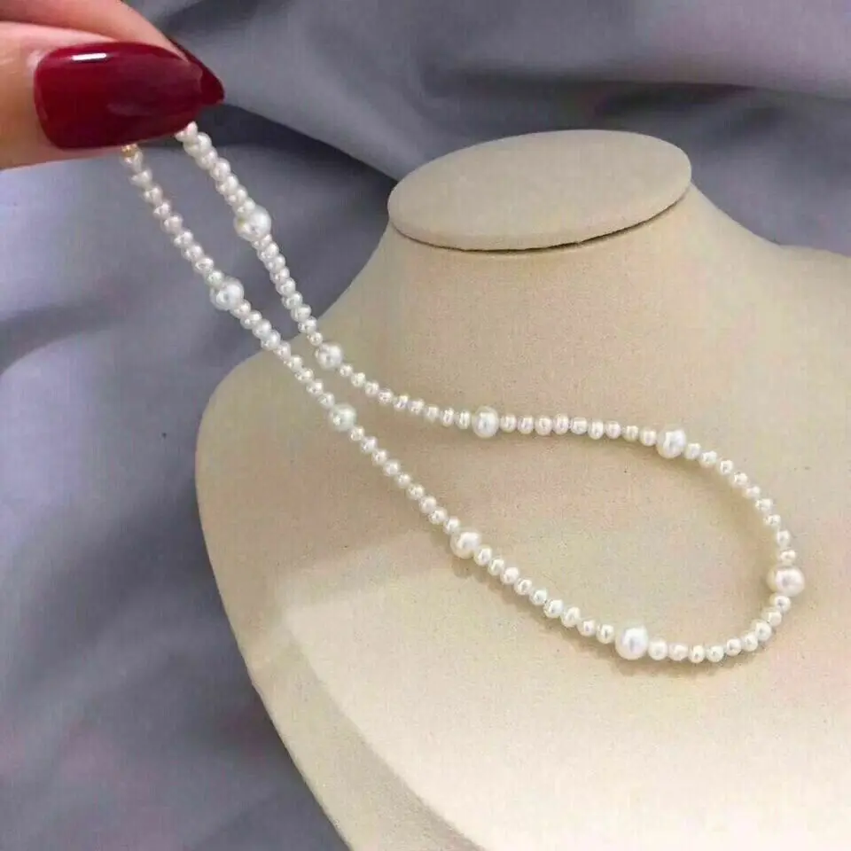 

Handmade 16" Gleaming Akoya Natural White 4-5mm 6-7mm Real Pearl Necklace 14k Gold