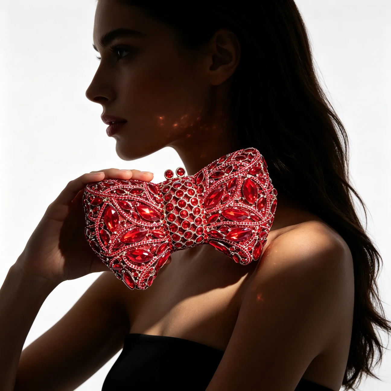 Red Bow Crystal Clutch Full Rhinestone Shaped Handbag Round Stone Clasp Gold Chain Strap For Weddings And Gala Evenings