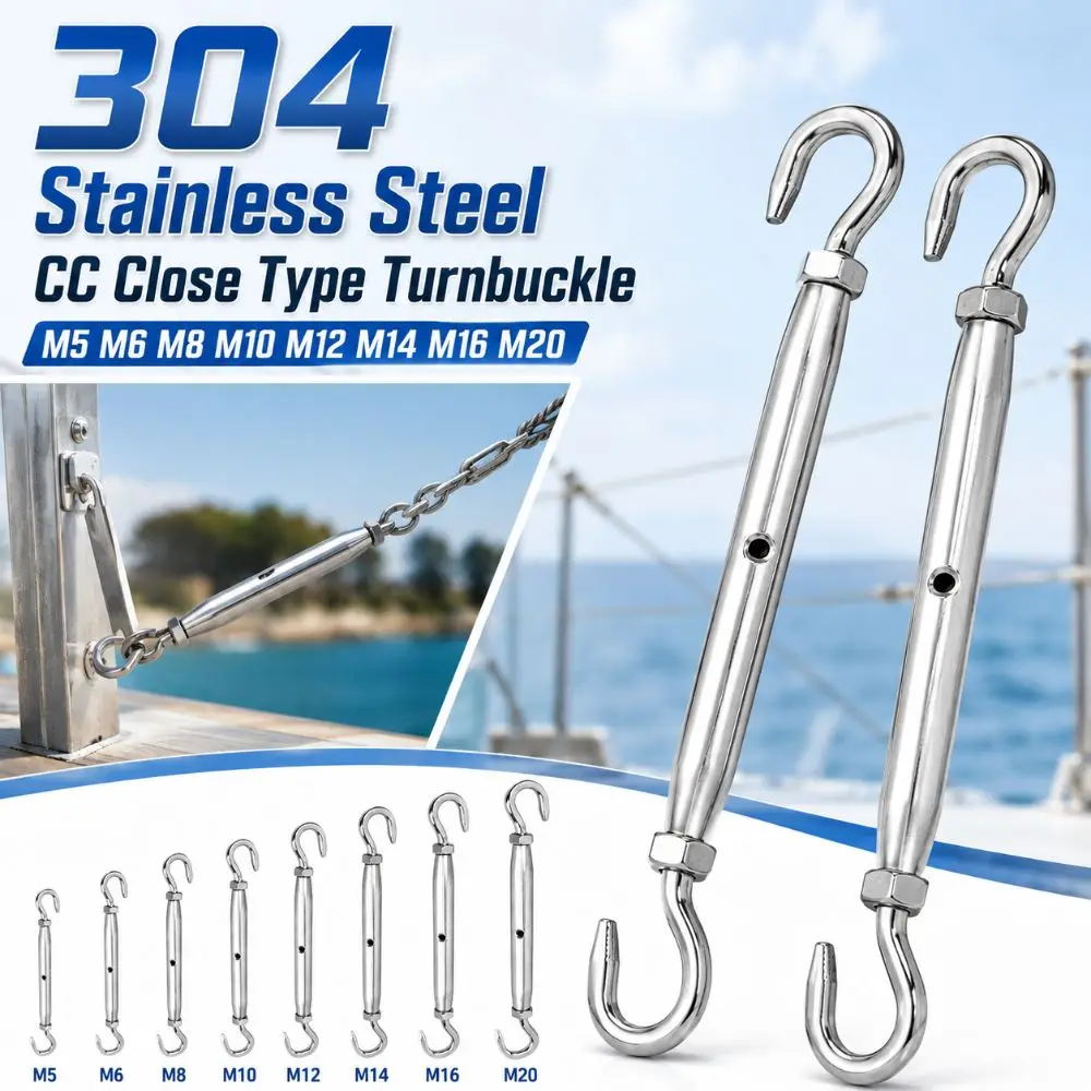 304 Stainless Steel CC Close Type Turnbuckle M5 M6 M8 M10 M12 M14 M16 M20 Rust Proof Wire Rope Tensioner Adjustable Sturdy