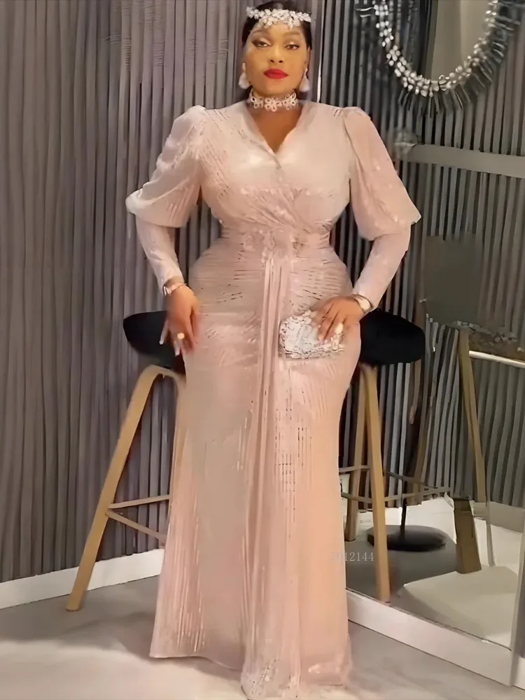 

Большие размеры, длинные вечерние платья в африканском стиле для женщин, розовый халат с блестками Дашики, элегантные наряды, мусульманское свадебное вечернее платье, новинка 2026 г.