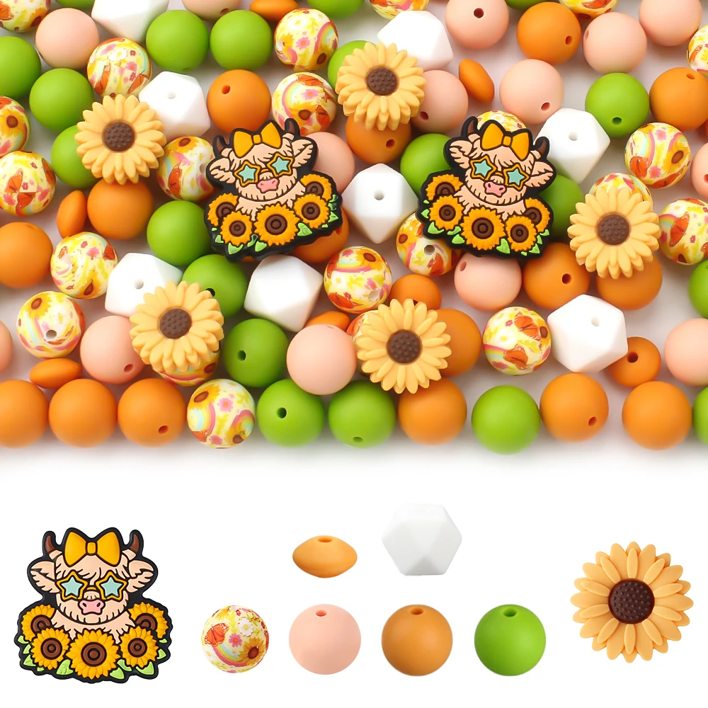 32pcs Focal Silicone beads Daisy Flower Highland Cow Sunflower Flower Collection for Jewelry Making Accessories Pen Decoration