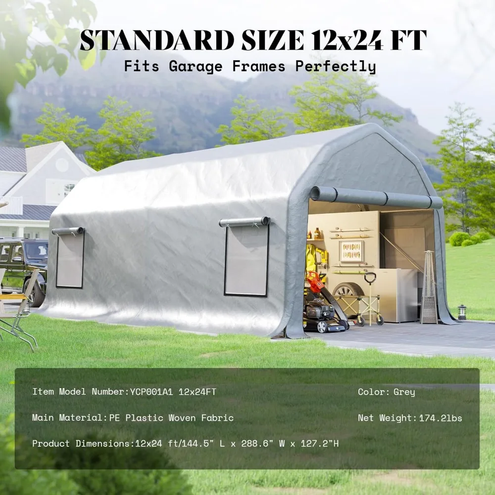 12x24FT heavy-duty portable garage with rolling shutter ventilation windows, suitable for waterproof ceiling of cars