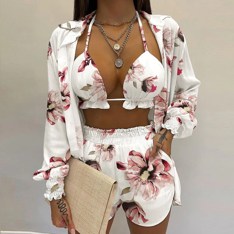 European and American Women's Sexy Three Piece Set for Spring and Summer Beach Design Fashionable Shorts Set