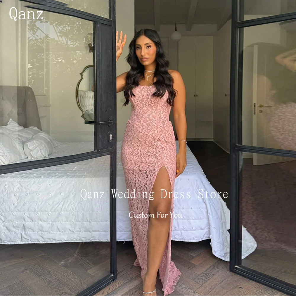 

Qanz Elegant Lace Appliques Evening Dresses Mermaid High Side Slit Wedding Guest Dresses Classy Strpless Party Gowns Customized