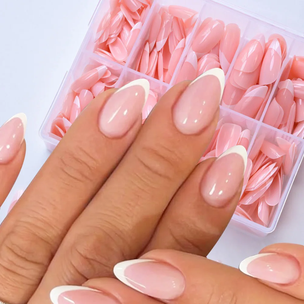 240 Stück Rosa Mandel-Acryl-Kunstnägel, glänzende Maniküre-Vollnägel für French-Nageldesign, zum Aufdrücken für Anfänger