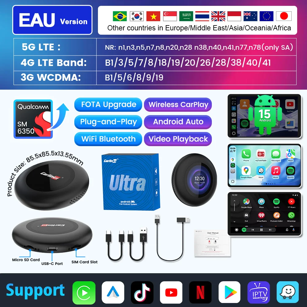 2026 Carlinkit Android 15 Draadloze CarPlay Android Auto Ai Box Video Adapter 5G LTE Ondersteuning BMW Youtube/Netflix TF/SD/SIM Kaart
