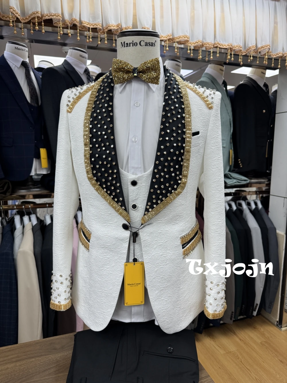 

Luxurious Beaded Jacquard Men's Suits Wedding Birthday Prom Fashion Shawl Lapel 3 Pieces For Men Stage Performance Customized