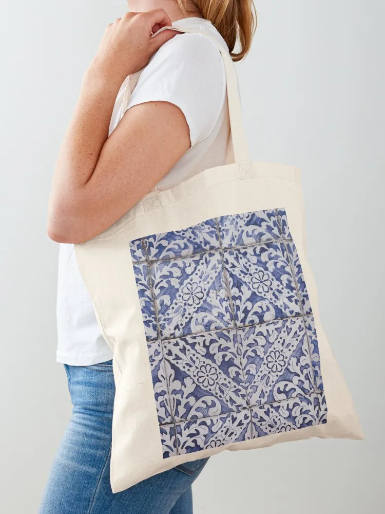 

Portuguese Tiles Pattern - Azulejo Blue and White Floral Leaf Design Tote Bag tote bags aesthetic Canvas