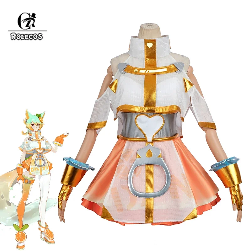 رولكوس-زي تنكري للنساء ، لعبة لول ، روح الطعام ، Ahri ، جلد جديد ، قلب حلو ، فاكهة ، تصميم برتقالي ، مجموعة كاملة