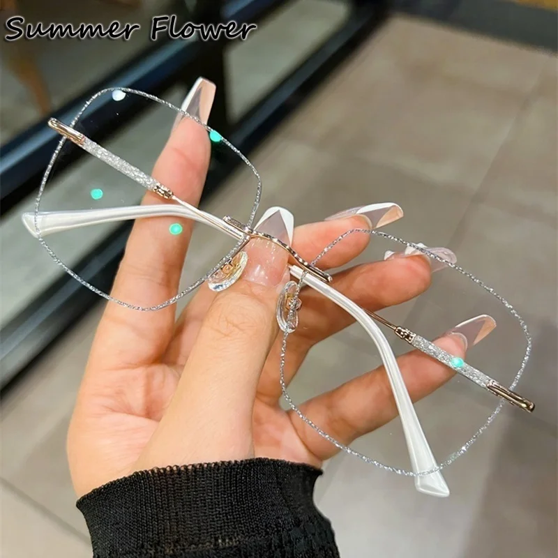 

Women Rimless Eyeglass Titanium Square Lenses Glitter Edge Elegant Prescription Glasses Lady Colored Lens Optic Frameless Gafas