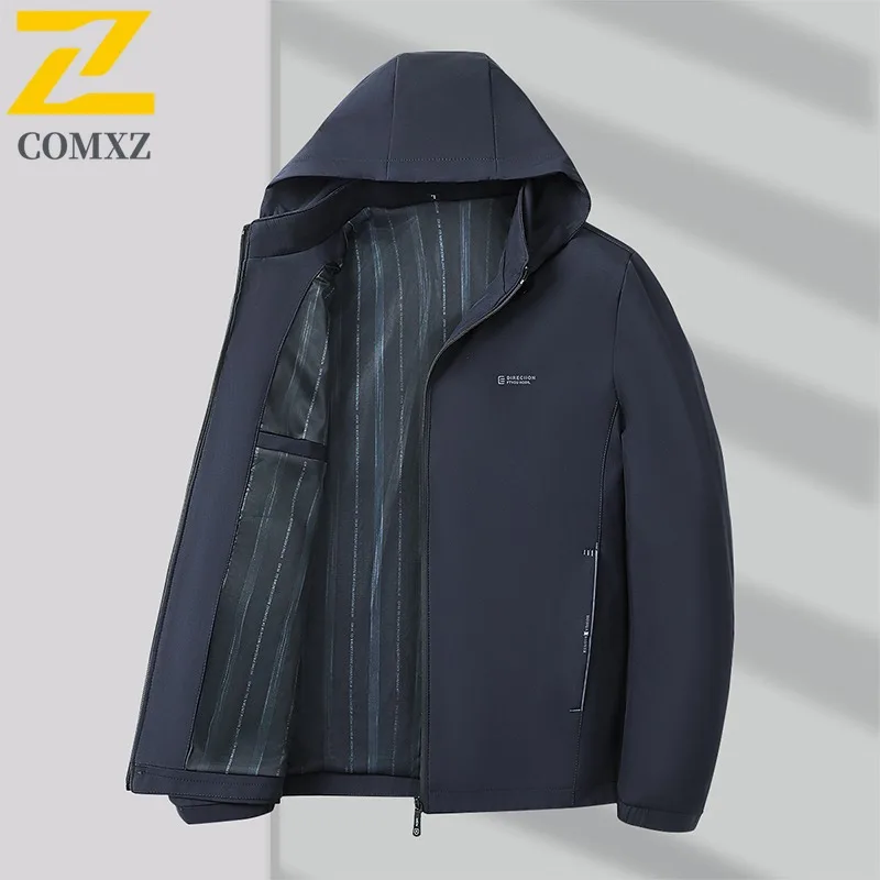 

COMXZ 2025 Men Jacket Detachable Hood Simple Casual Solid Color Versatile Coat Autumn Winter Youth Middle Age Outerwear