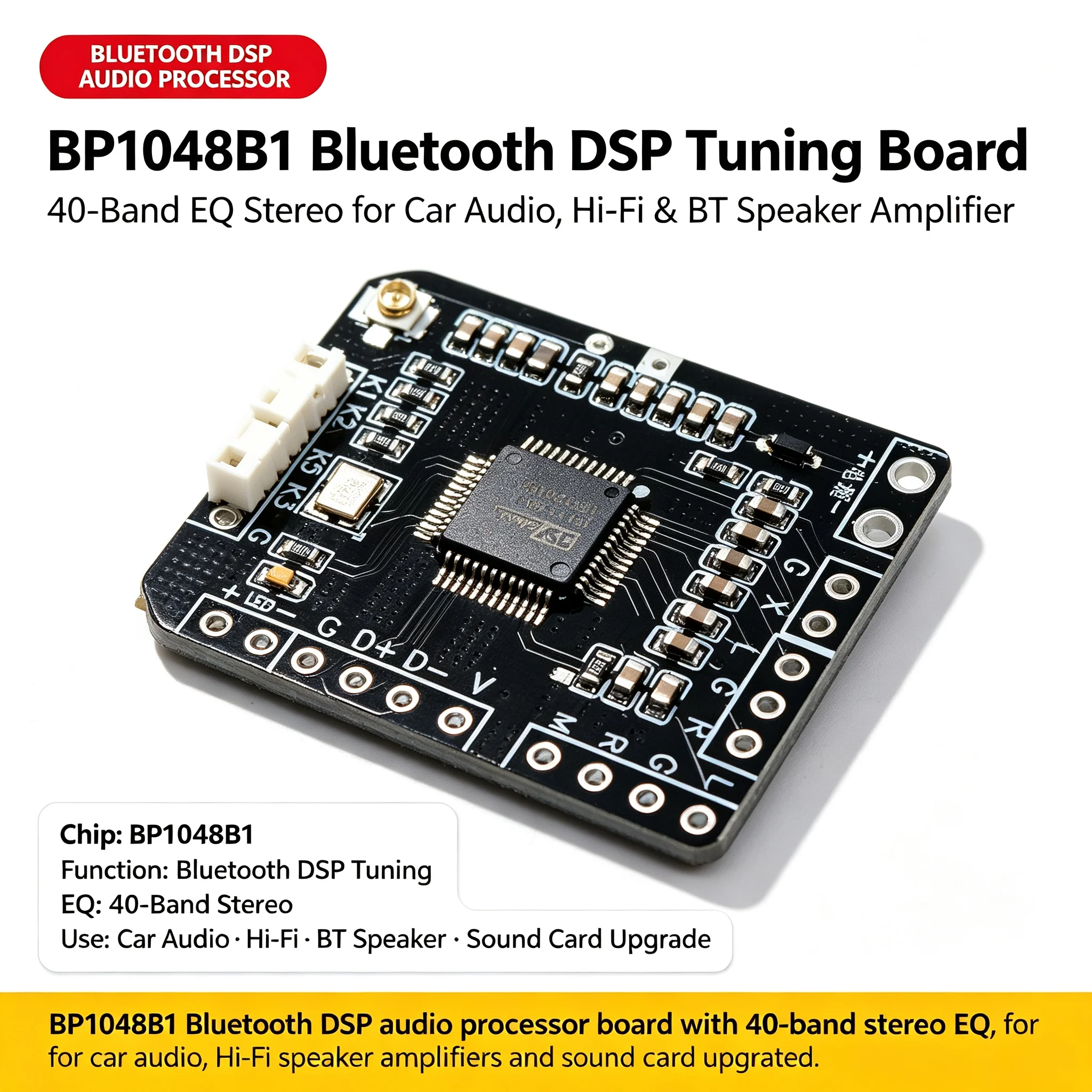 DYKB Bluetooth DSP Audio Processor Board BP1048B1 40-Band EQ Stereo Tuning Preamp Car Hi-Fi BT Speaker Amplifier Sound Card