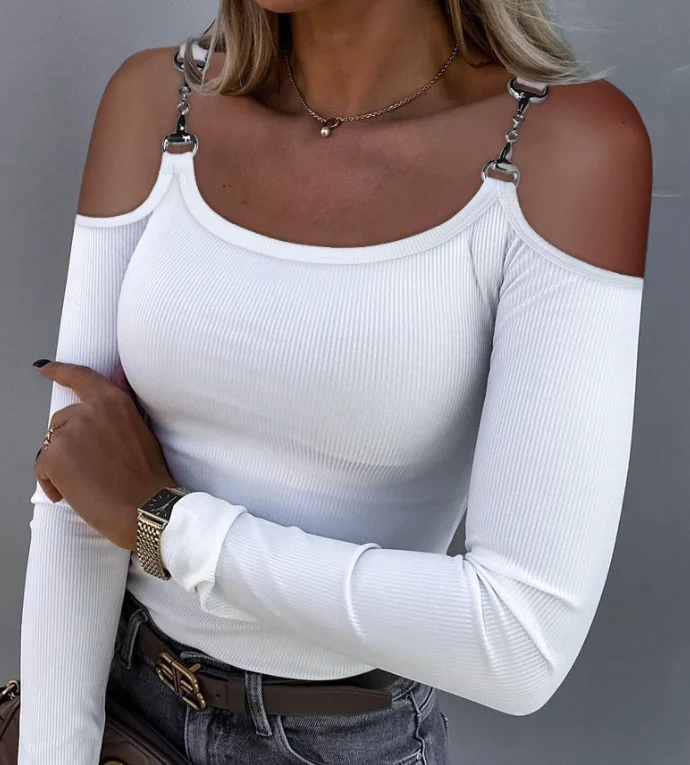 

New Fashion 2024 Autumn Spring Casual Blouses Shirt Buckled Strap Cold Shoulder Ribbed Top Sexy Elegant T-Shirt Pullover Tops