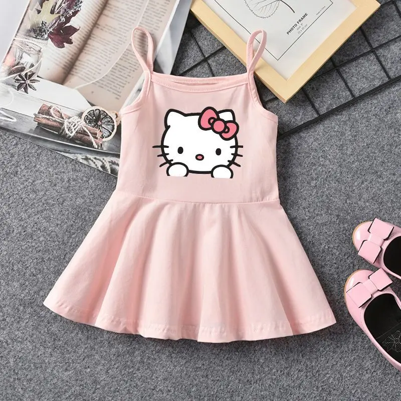 

Cute Hello Kitty Girl Summer Dress Sanrio Kawaii Anime Print Children Halter Skirts Sweet Cute Cartoon Babys Tank Dress Kid Gift