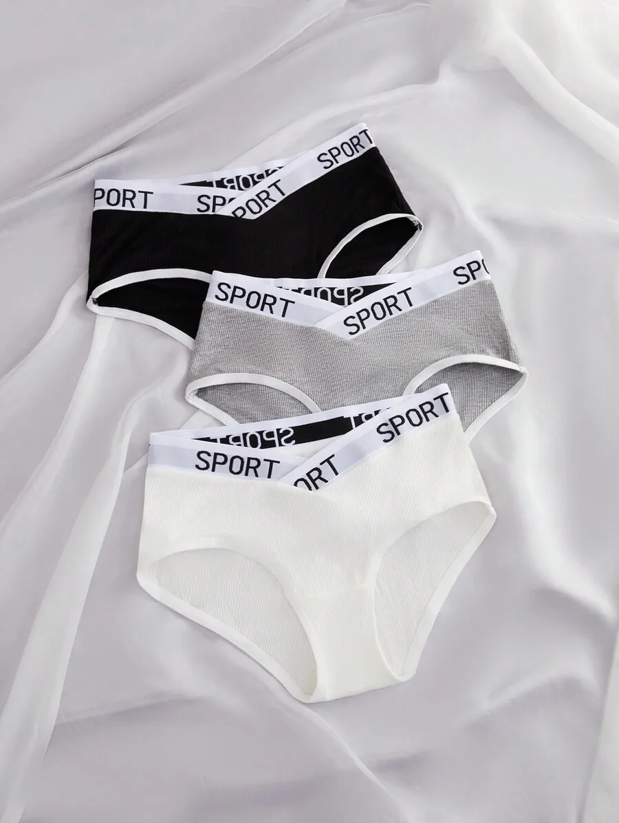 

3pcs Sport Letter Graphic Contrast Waistband Womens Briefs