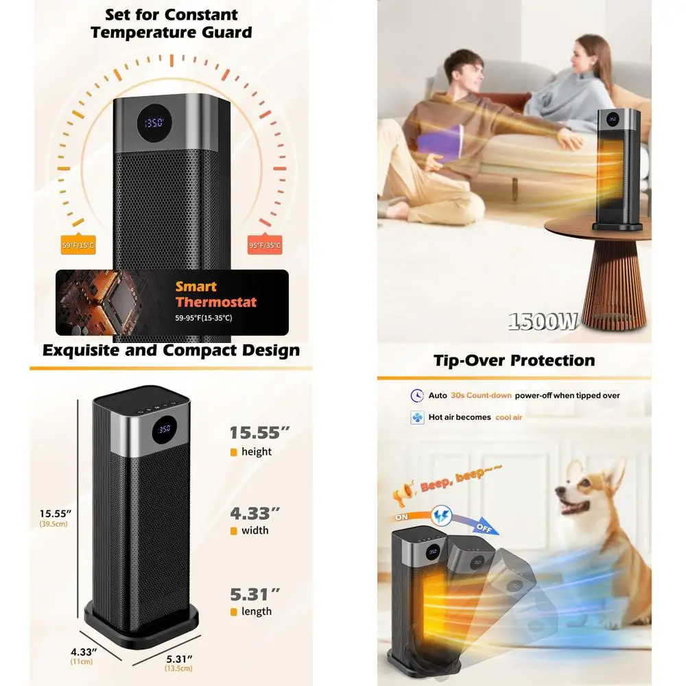 

Portable 1500W Electric Heater with Remote, Digital Thermostat, Oscillation, Timer, and Tip-Over Protection for Home & Office