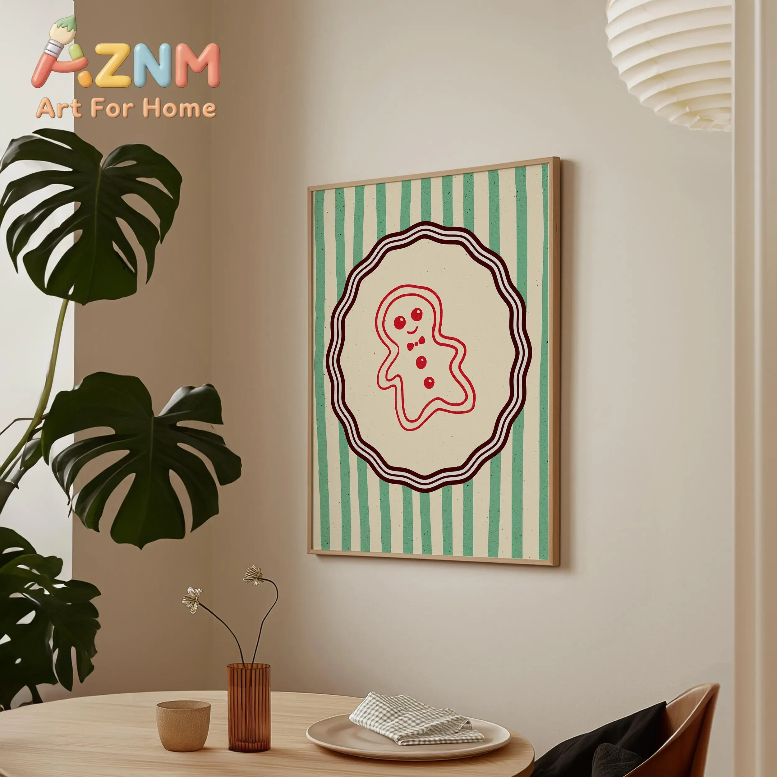 Vintage Gingerbread Christmas Poster Green Striped Kitchen Wall Art Poster - Holiday Cookie Canvas Prints for Living Room Decor