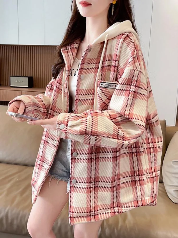 American Retro Sporty Spring Autumn Student Cute Red Coffee Checkered Female Loose Comfortable Fashionable Casual Hooded Jacket