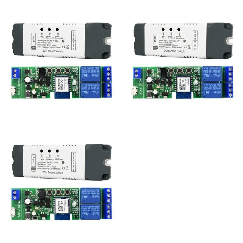 

AS95-3X Tuya Smart Wifi Switch Relay Module 2 CH AC/DC 7-32V RF/APP Wireless Remote Control Smart Home For Alexa Google Home