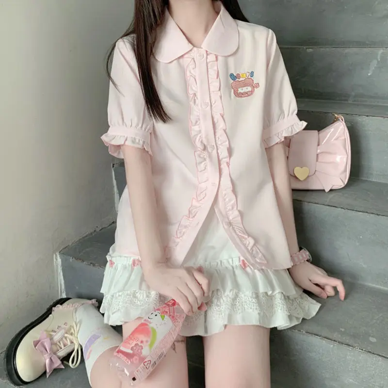 Summer Sweet Kawaii Blouse Lolita Cute Ruffles Elegant Vintage Short Sleeve Shirts Women Embroidery Casual Peter Pan Collar Tops