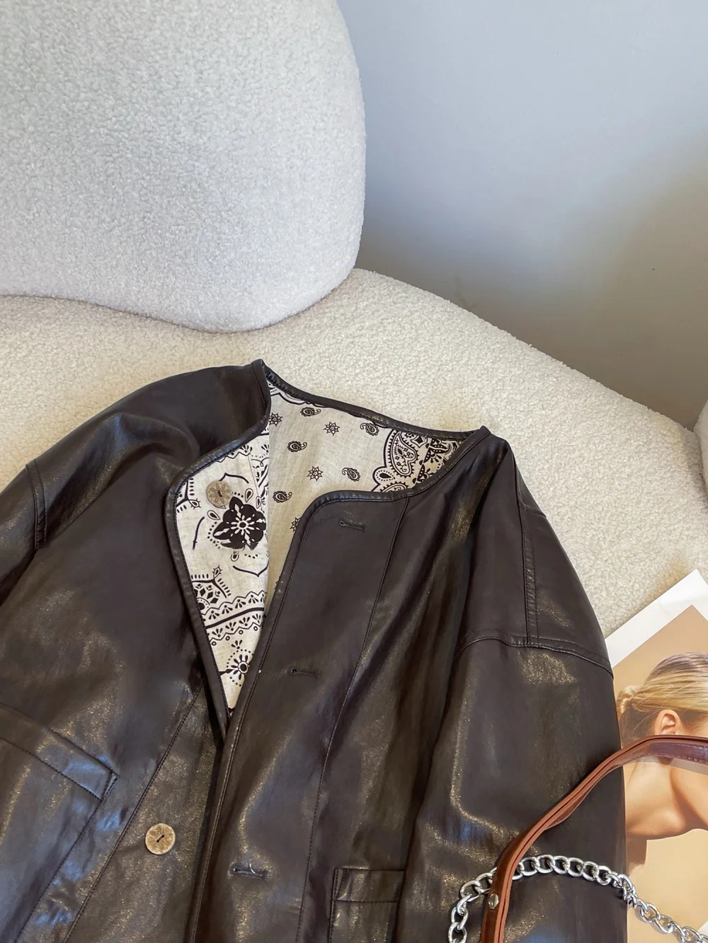 الرجعية الحلو بارد Sle طويلة Sve جولة Ne Leather Jaet ex ربيع الخريف فضفاض التخسيس معطف دافئ عارضة أعلى #2