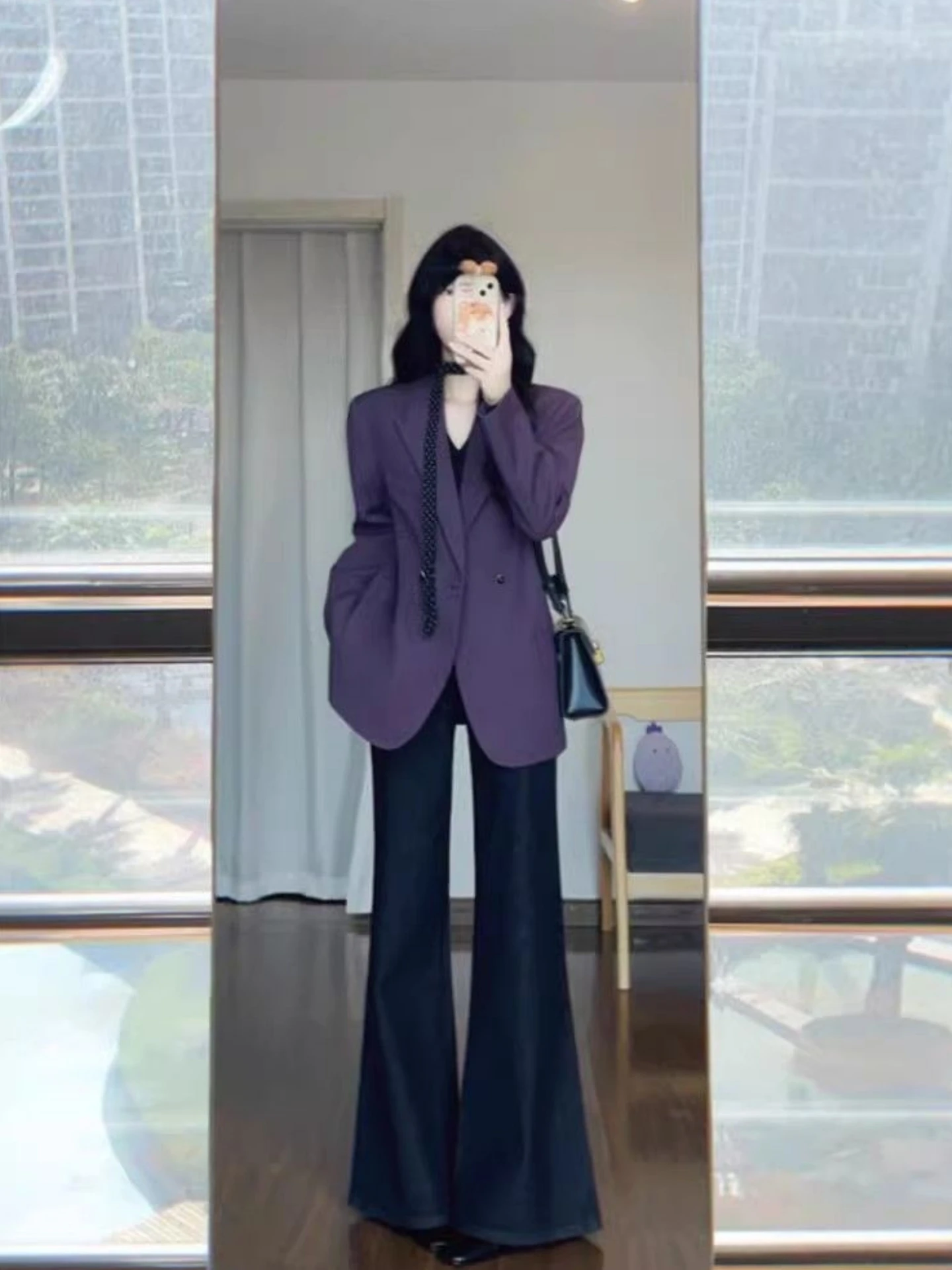 

Korean Lady Sle Two-Piece Suit High Waist Slimming Wide Leg Pants Long Sve Women's Faion Set Ele Age-Defng