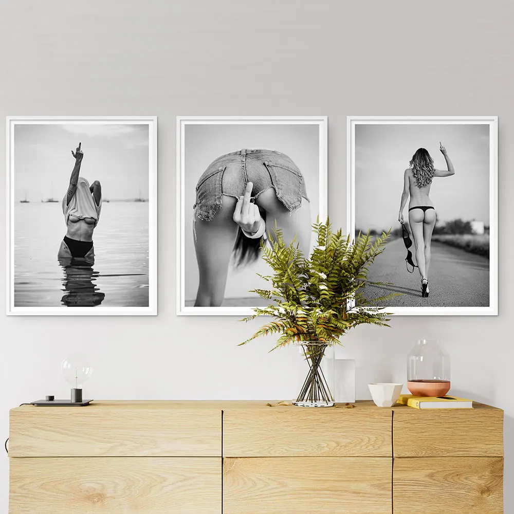 Sexy Woman Black Lingerie Photo Half Nude Girl Art Posters And Prints Middle Finger CanvasPainting For Living Room Bedroom Decor