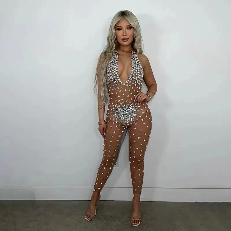 

Bangniweigou Rhinestone Mesh Elastic ThinJumpsuit Stage Rave Clothes Women SexyTransparent Sparkly Halter Jump Suit F037