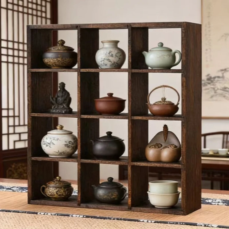 Solid Wood Entryway Curio Shelf Antique Tea Cup & Set Organizer Chinese Teapot Showcase for Tea Room Multi-Functional Study Grid