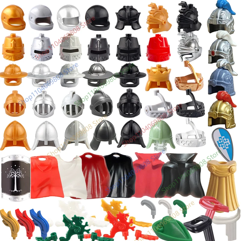MOC Building Block Medieval Knight Roman Soldier Accessory Helmet Headwear Flame Feather Black Eagle Shield King Cloak Brick Toy