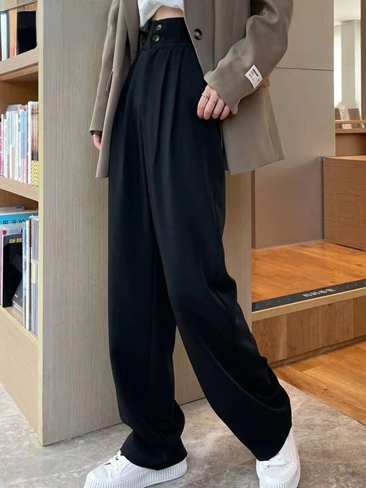 

Black Suit Pants for Women Korean 2 Buttons Wide Leg Trousers Vintage Streetwear High Fashion Office Ladies Work Pants