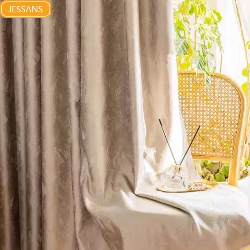 

Роскошные жаккардовые утолщенные шторы цвета шампанского кремового листа для гостиной, спальни, французского окна, индивидуальная готовая вилла