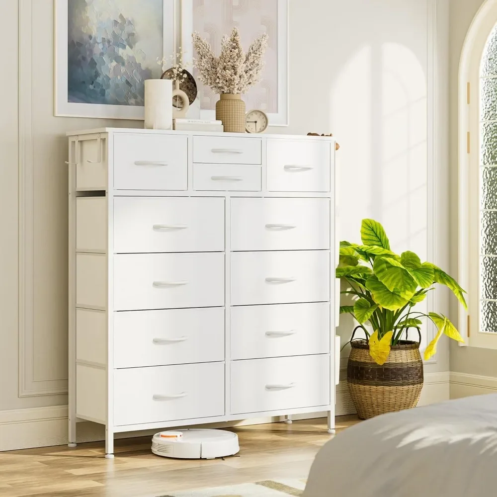 

White Dresser for Bedroom 12 Drawers Dresser with Side Pockets and Hooks, Fabric Dresser for Bedroom, Hallway, Entryway