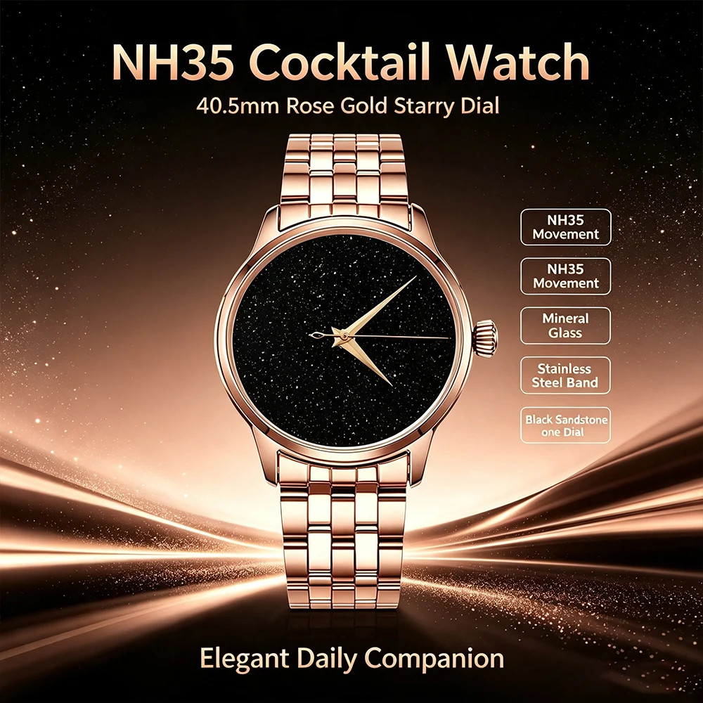 custom 40.5mm NH35 Movement Cocktail Watch for Men Rose Gold Starry Sky Dial Mineral Crystal Glass Stainless Steel Bracelet