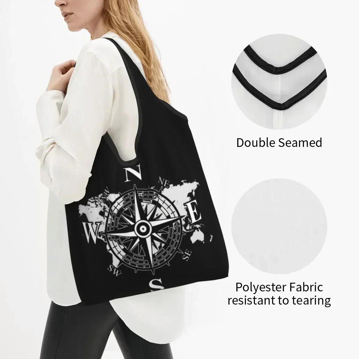 Fashion Compass With Shopping Tote Bags Portable Cardinal Points Of Earth Grocery Shopper Shoulder Bag