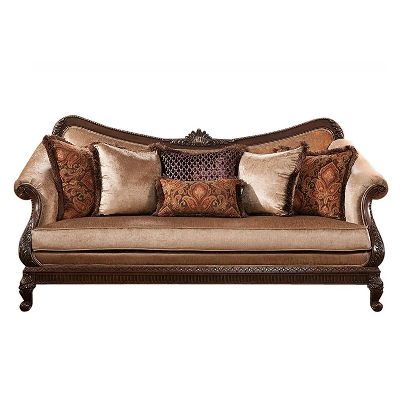 American country villa living room solid wood carving flower fabric sofa retro old home down three-person sofa
