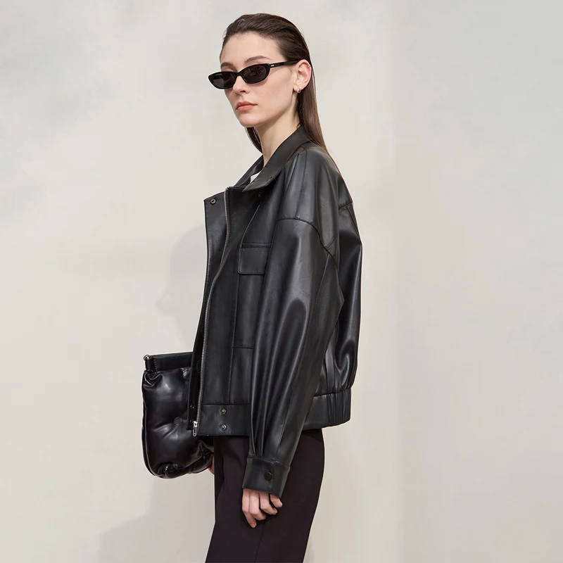 Amii Coat for Woman 2025 Autumn New Retro Modern Lapel Leather Jacket Women's Loose Long Sleeve Women's Leather Jacket 12543111