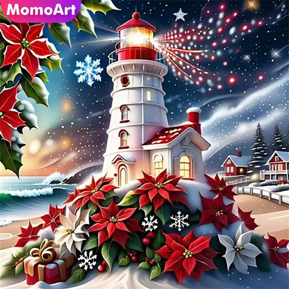 Momoart New Arrival Diamond Embroidery Lighthouse Landscape DIY Painting Winter Diamond Mosaic Flower Christmas Gift Wall Art