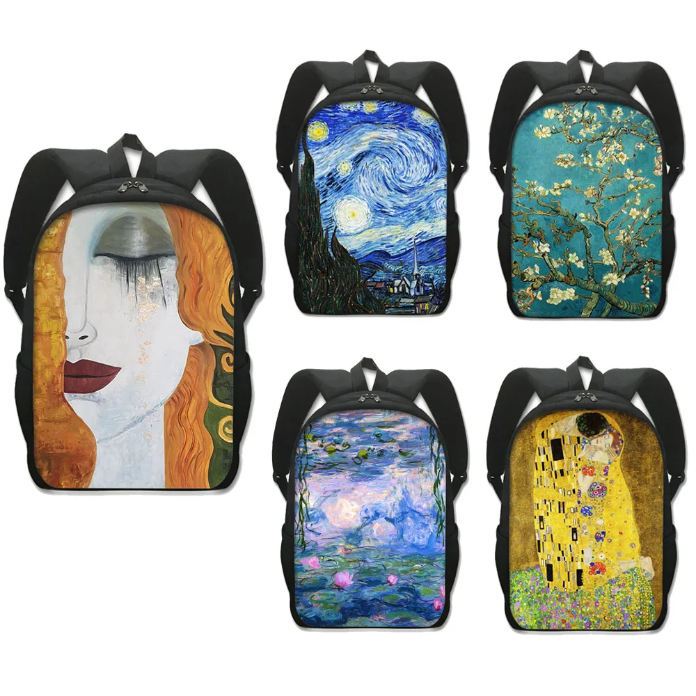 

Famous Oil Painting Tears Kiss Water Lilies Starry Night Backpack Gustav Klimt Claude Monet Van Gogh Student School Bag Daypack