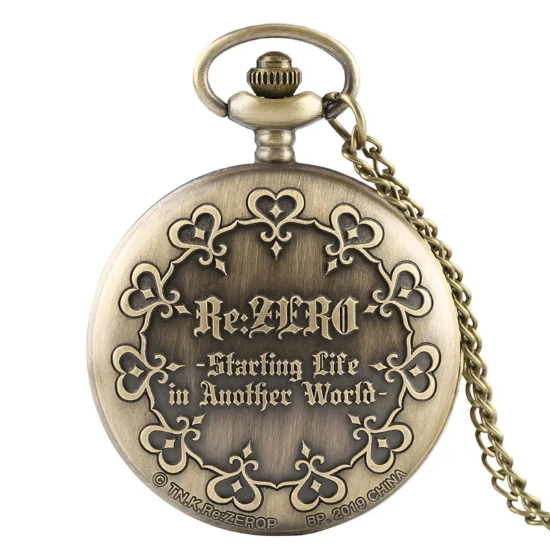 Vintage Re:zero Anime Theme Quartz Pocket Watch for Men Women Delicate Heart Flower Pattern Necklace Sweater Chain Timepiece