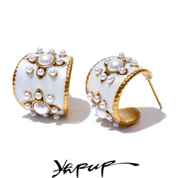 Yhpup Exquisite Imitation Pearls White Enamel Metal Stainless Steel Flower Geometric Earrings Chic Daily Fashion Jewelry New