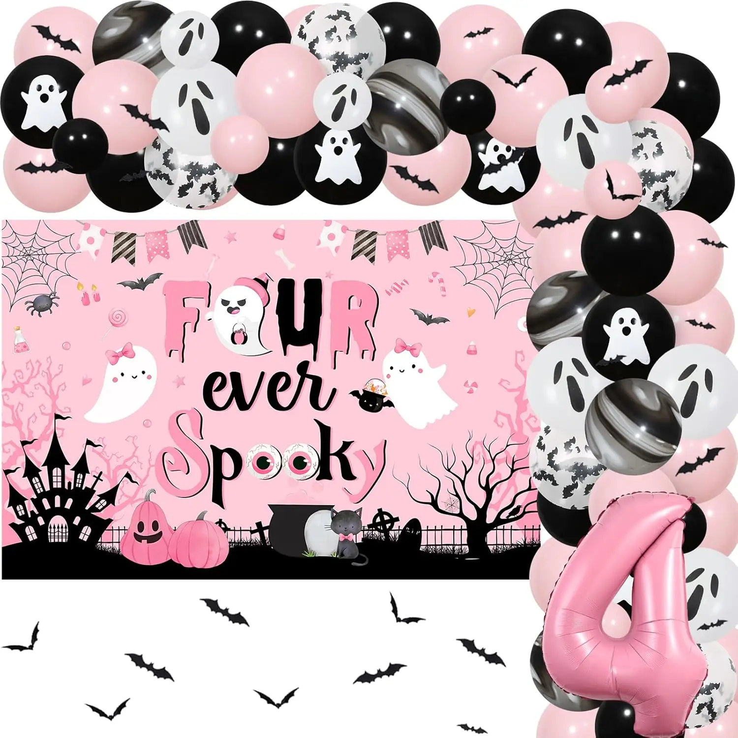 

Декорации для дня рождения на Хэллоуин Kreat4joy, фон, розовый фольгированный воздушный шар, наклейки на стену летучая мышь для девочек, вечеринка на день рождения 4