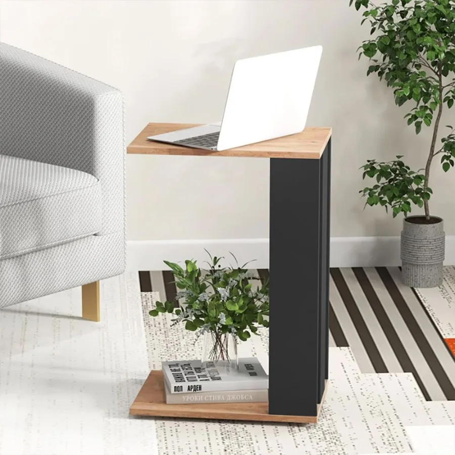 

2Tier CShaped Side Table with Universal Wheels and Shelf
