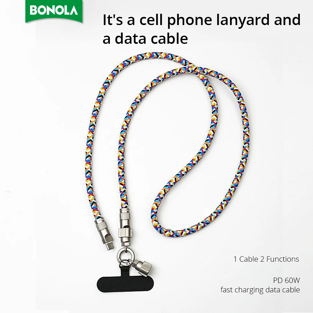 

Bonola Mobile Phone lanyard USB C to USB C Cable Color Braided Charging Data Line for iPhone 16/15/Samsung Cellphone Stowable