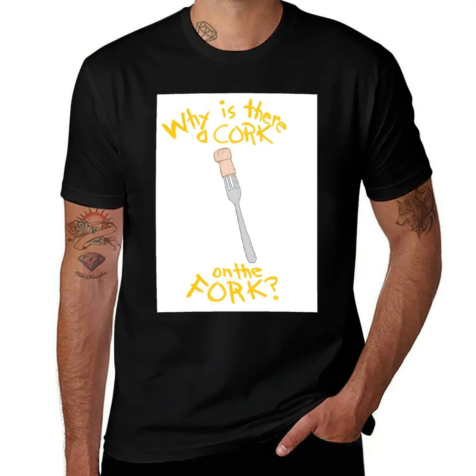 Why is there a Cork on the Fork? T-Shirt Retro Graphic Print T-Shirt