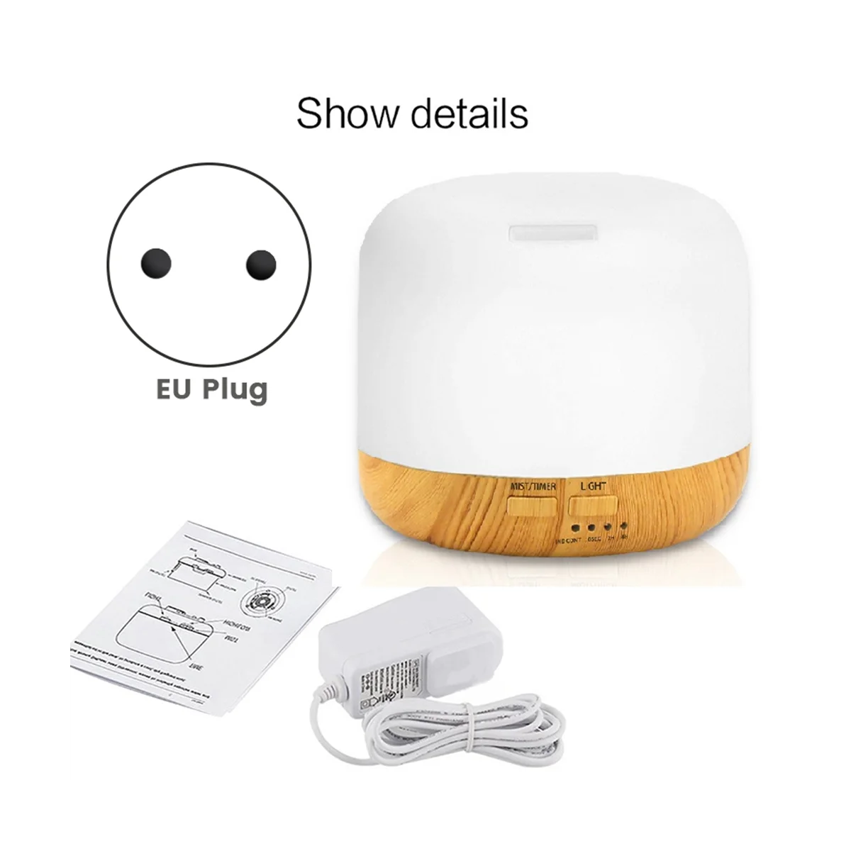 500ML Ultrasonic Air Humidifier Light Essential Oil Diffuser เครื่องฟอกอากาศ Anion Mist Maker พร้อมหลอดไฟ LED EU Plug สีขาว