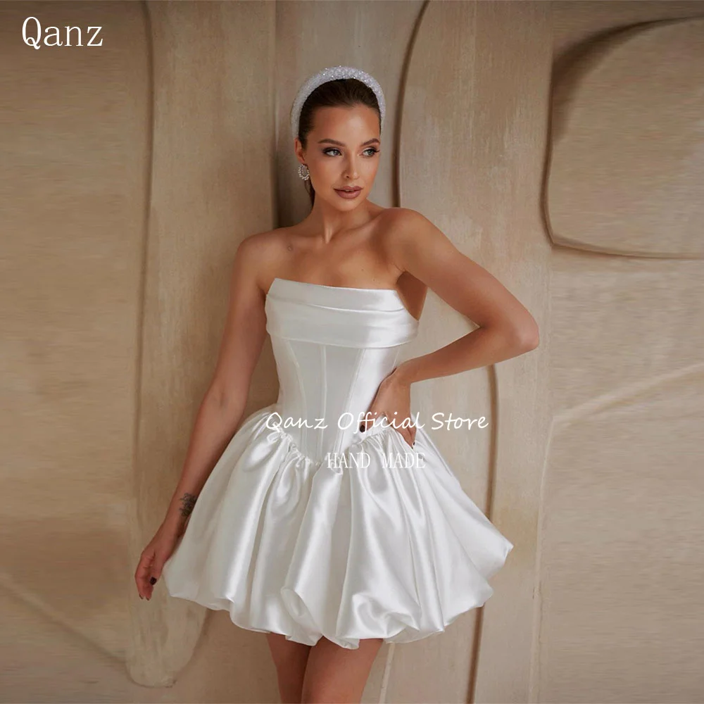 Qanz White Satin Wedding Dress Strapless Short A Line Civil Women Vestidos De Novia Lace Up Back Puffy Bridal Gown Customized