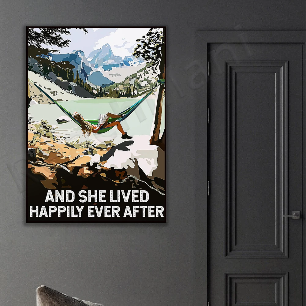 Love camping poster, retro camping, she lived happily ever after poster, love adventure art, outdoor adventure, camping gift